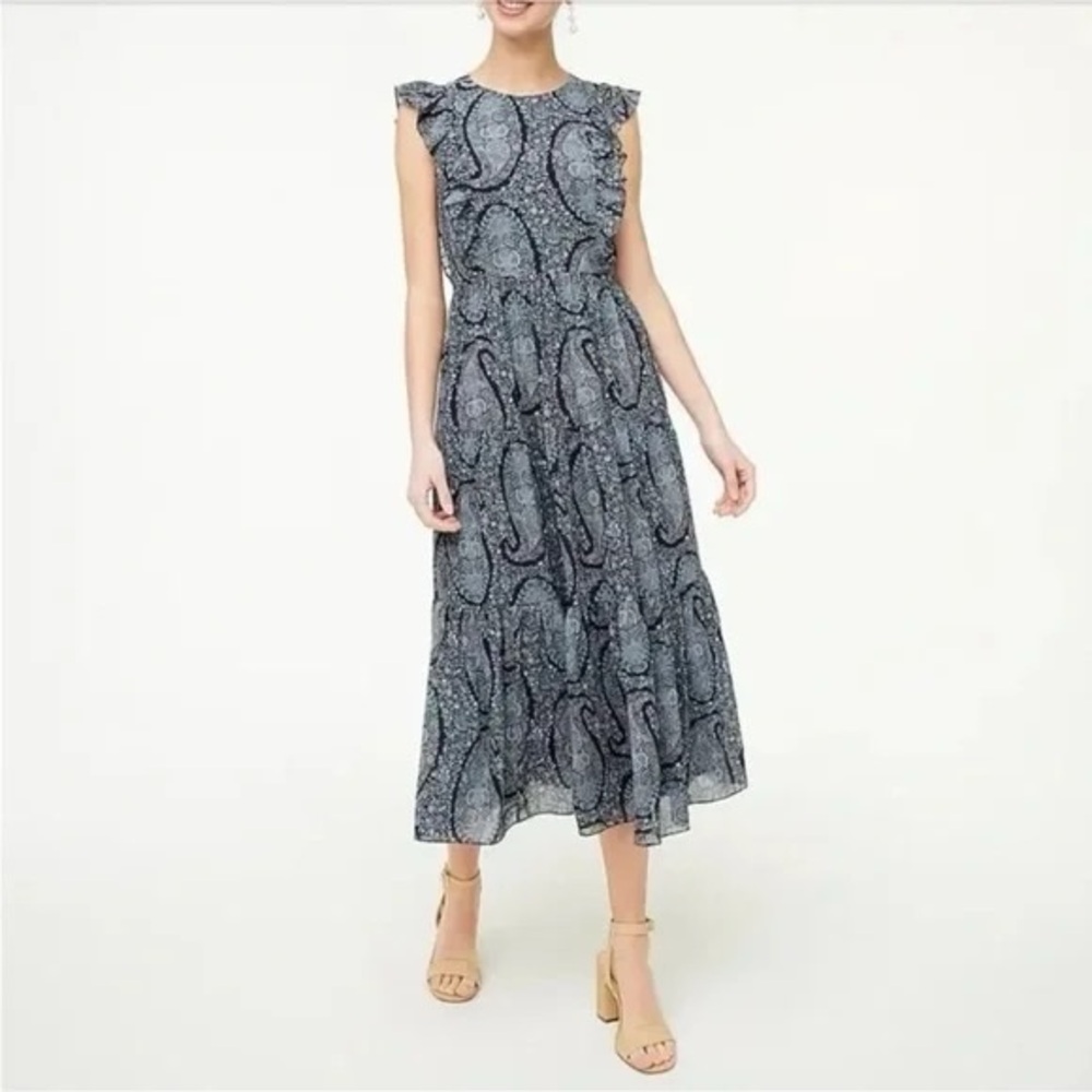 J. CREW Tiered Ruffle Navy Paisley Print Maxi size 4